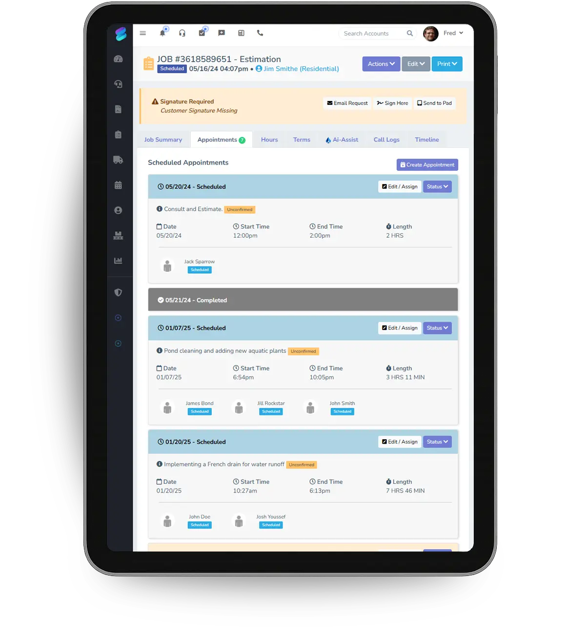 A job summary on a tablet with scheduled appointments