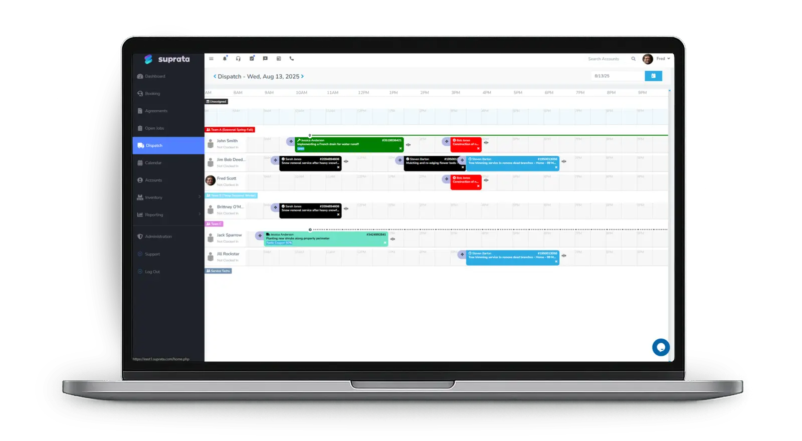 The dispatch board with jobs placed on each team's timeline