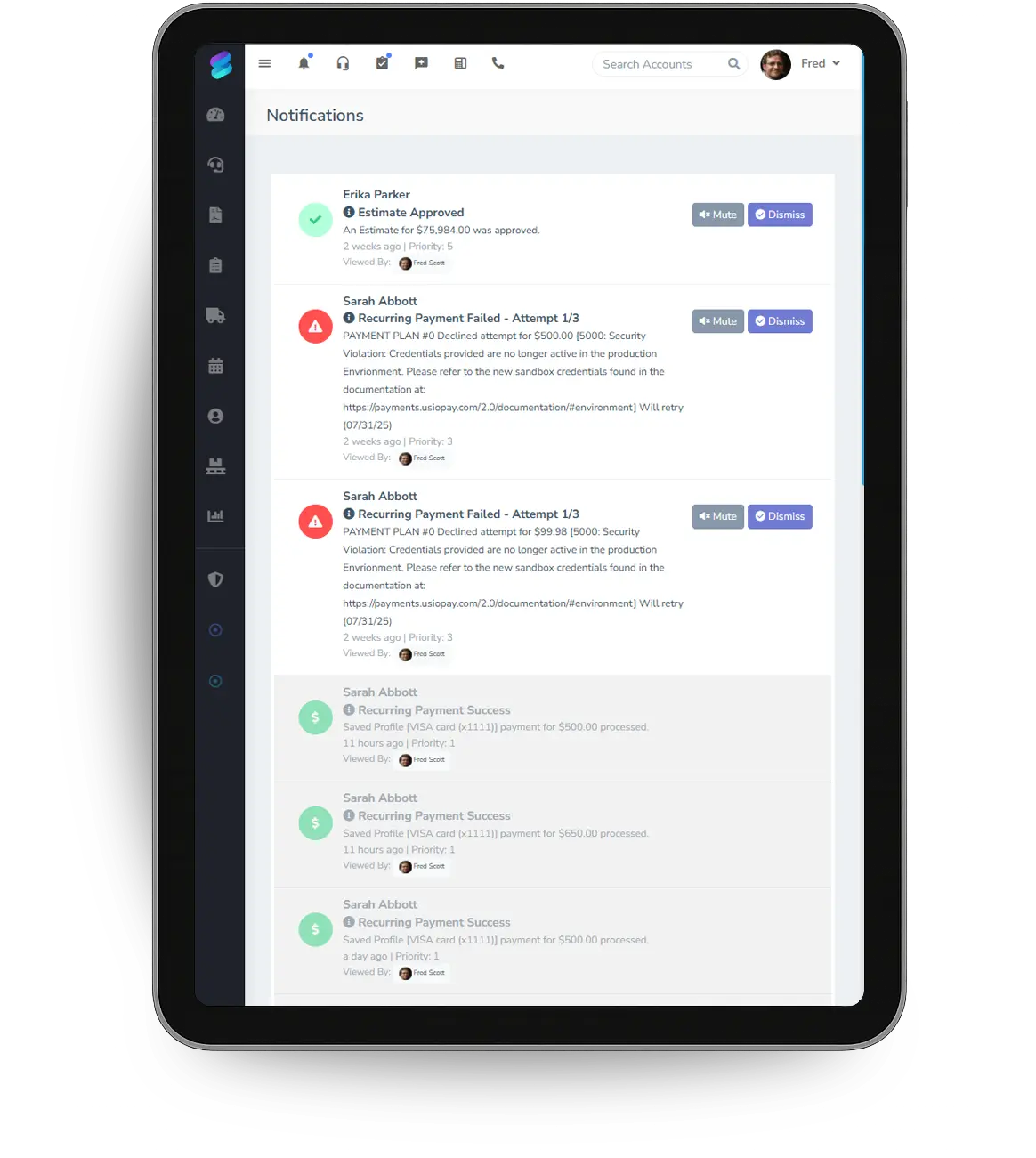 A notifications feed with an approved estimate and a failed recurring payment