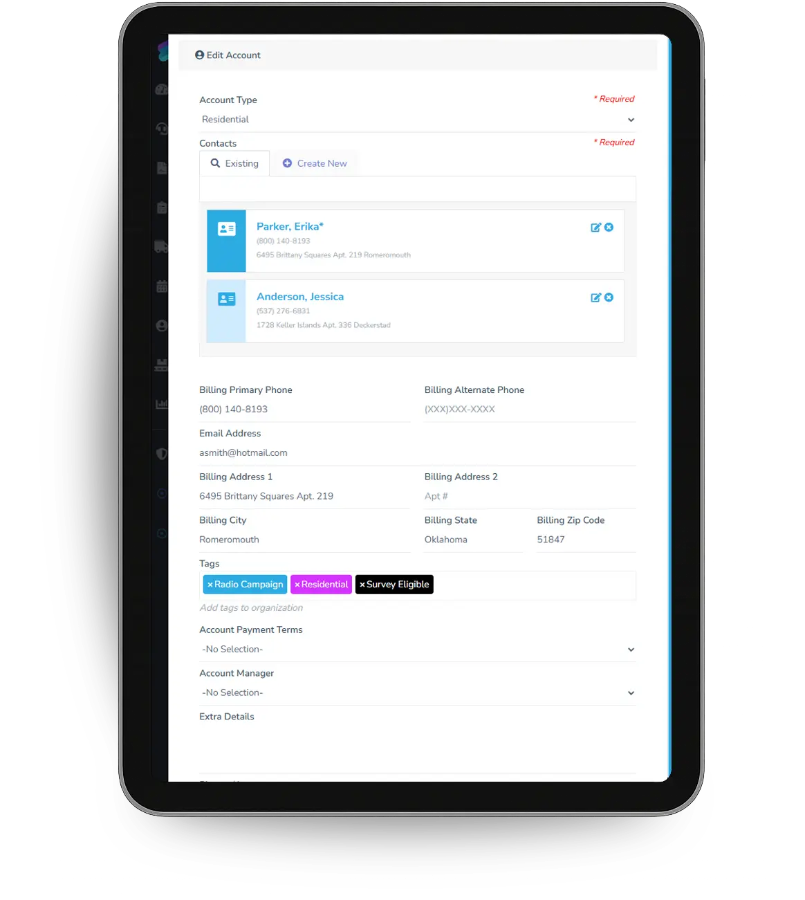 Editing an account with contacts, billing details and tags on a tablet