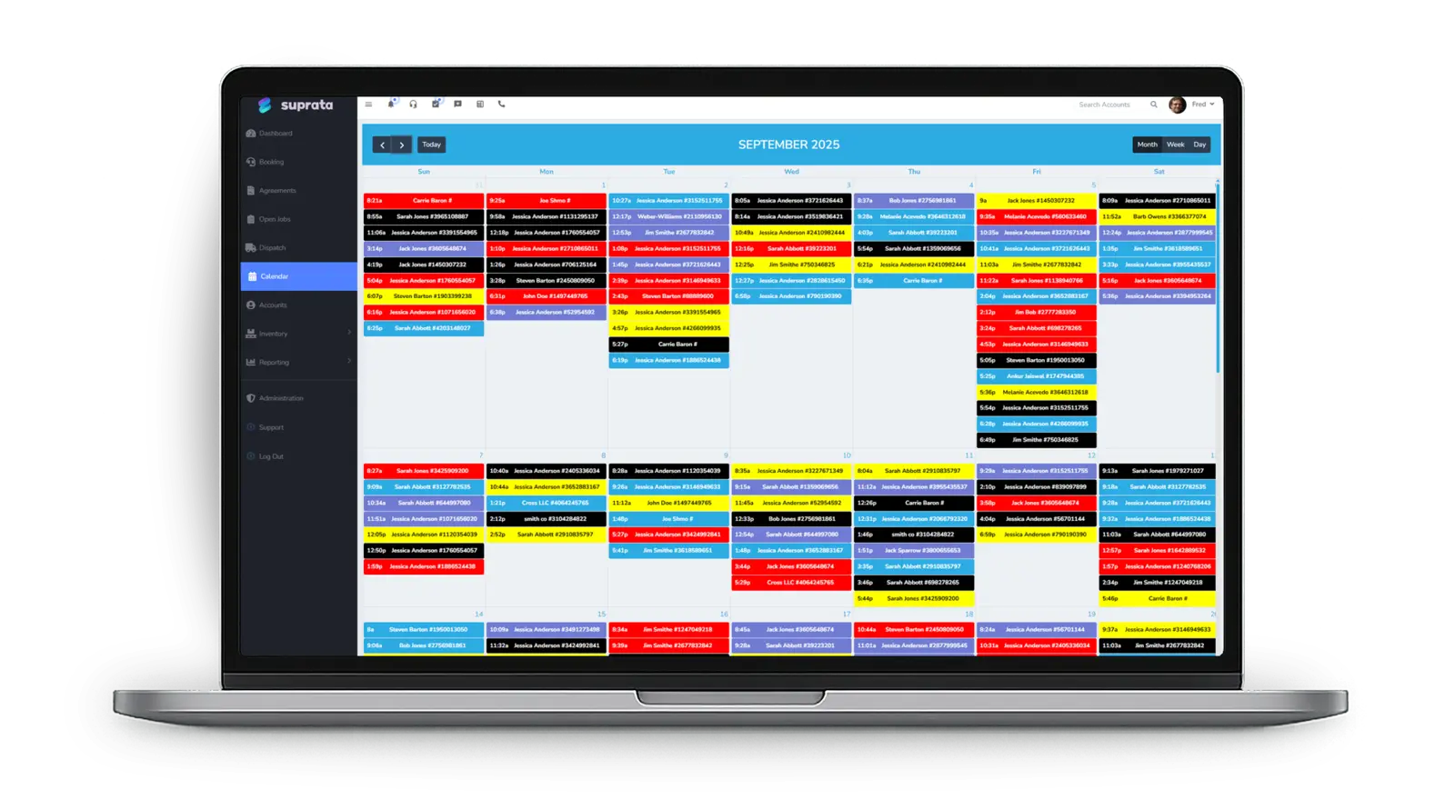 A color-coded month calendar full of scheduled jobs in Suprata Suite