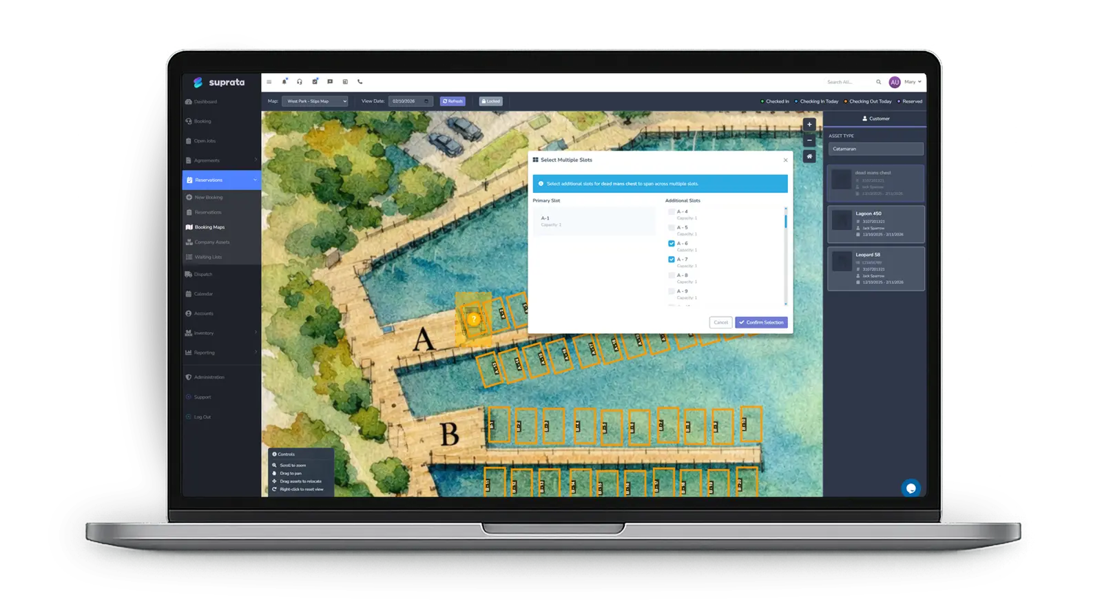 Selecting primary and additional slots for a vessel on the marina map