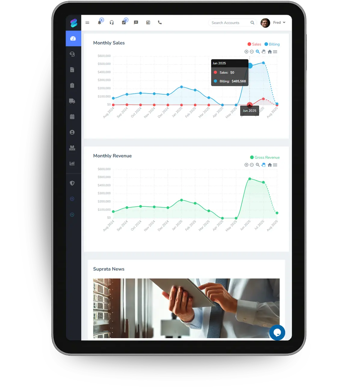 Monthly sales and revenue charts