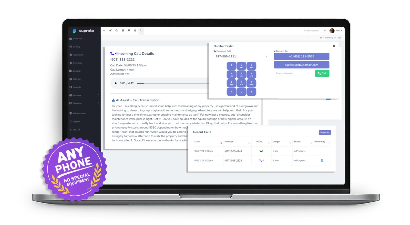 Placing a call from the dialer, with call details and an AI call transcription