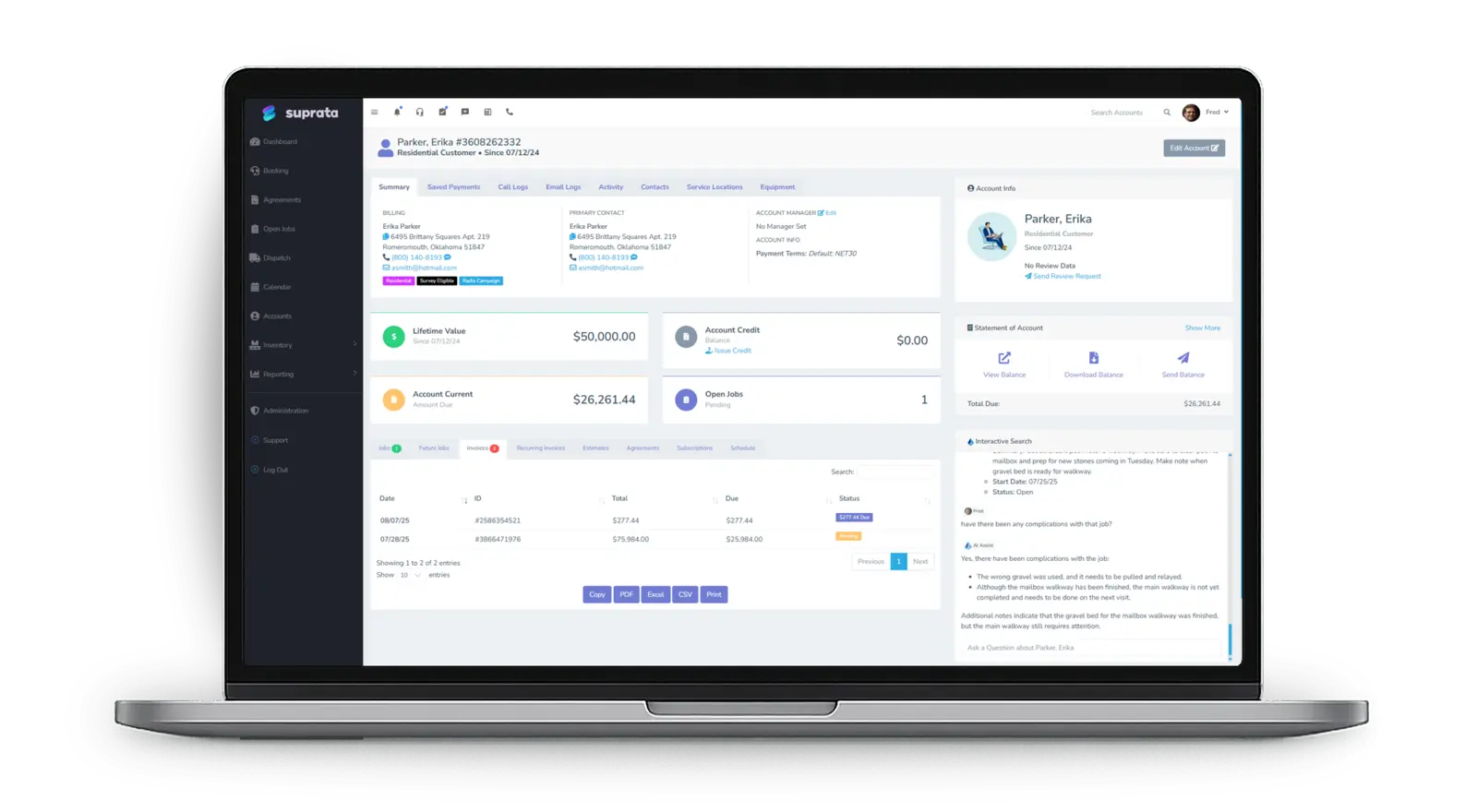 A customer account in Suprata CRM with lifetime value, balance, credits and open jobs
