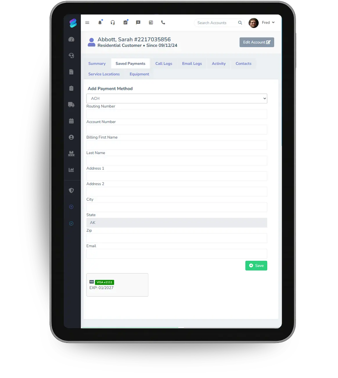 Adding a saved bank or card payment method to a customer account