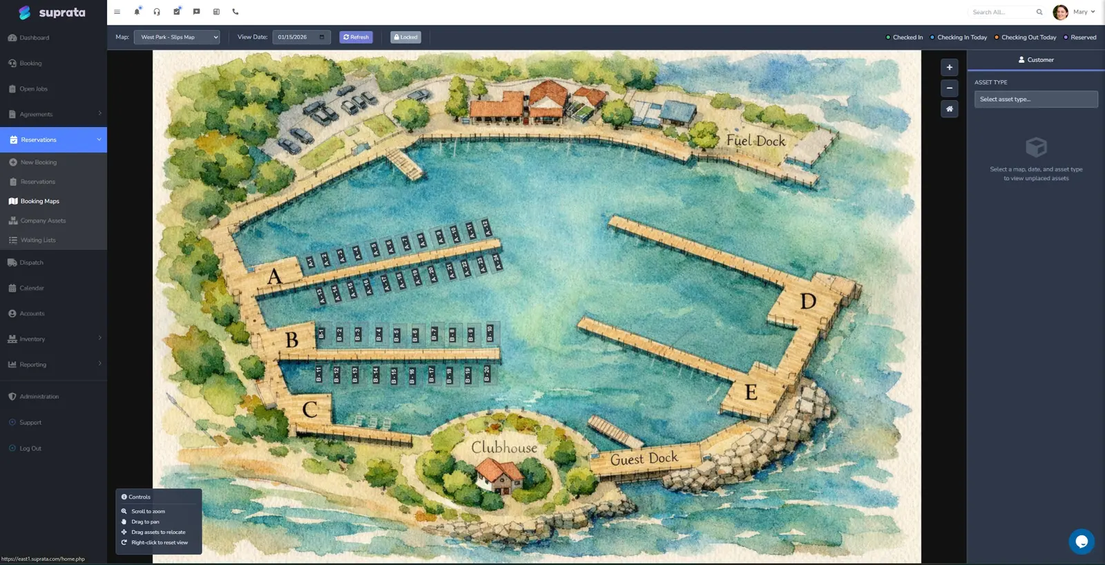 An illustrated marina map with docks, a fuel dock and a guest dock