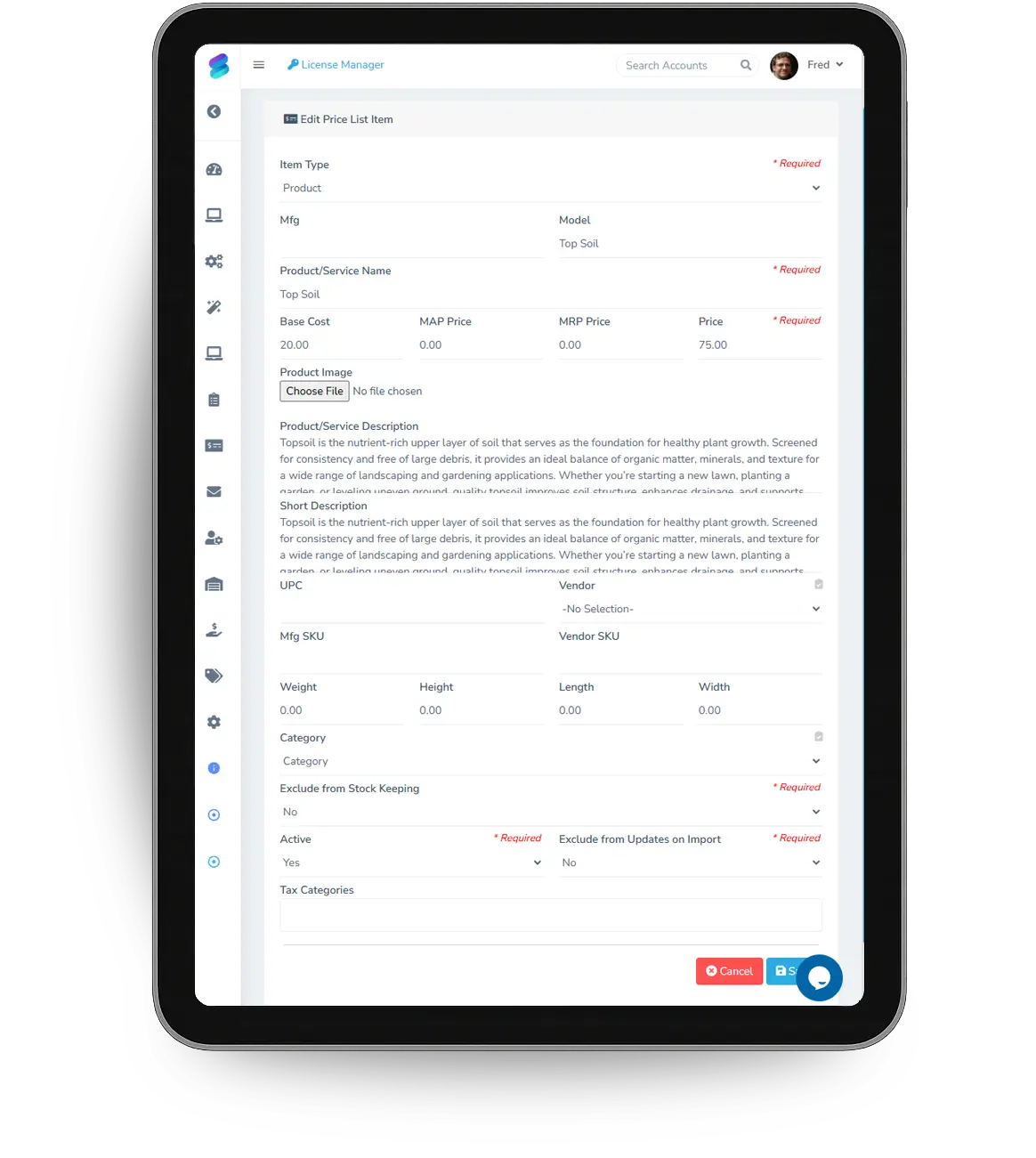 Editing a price list item with base cost, vendor and SKU fields
