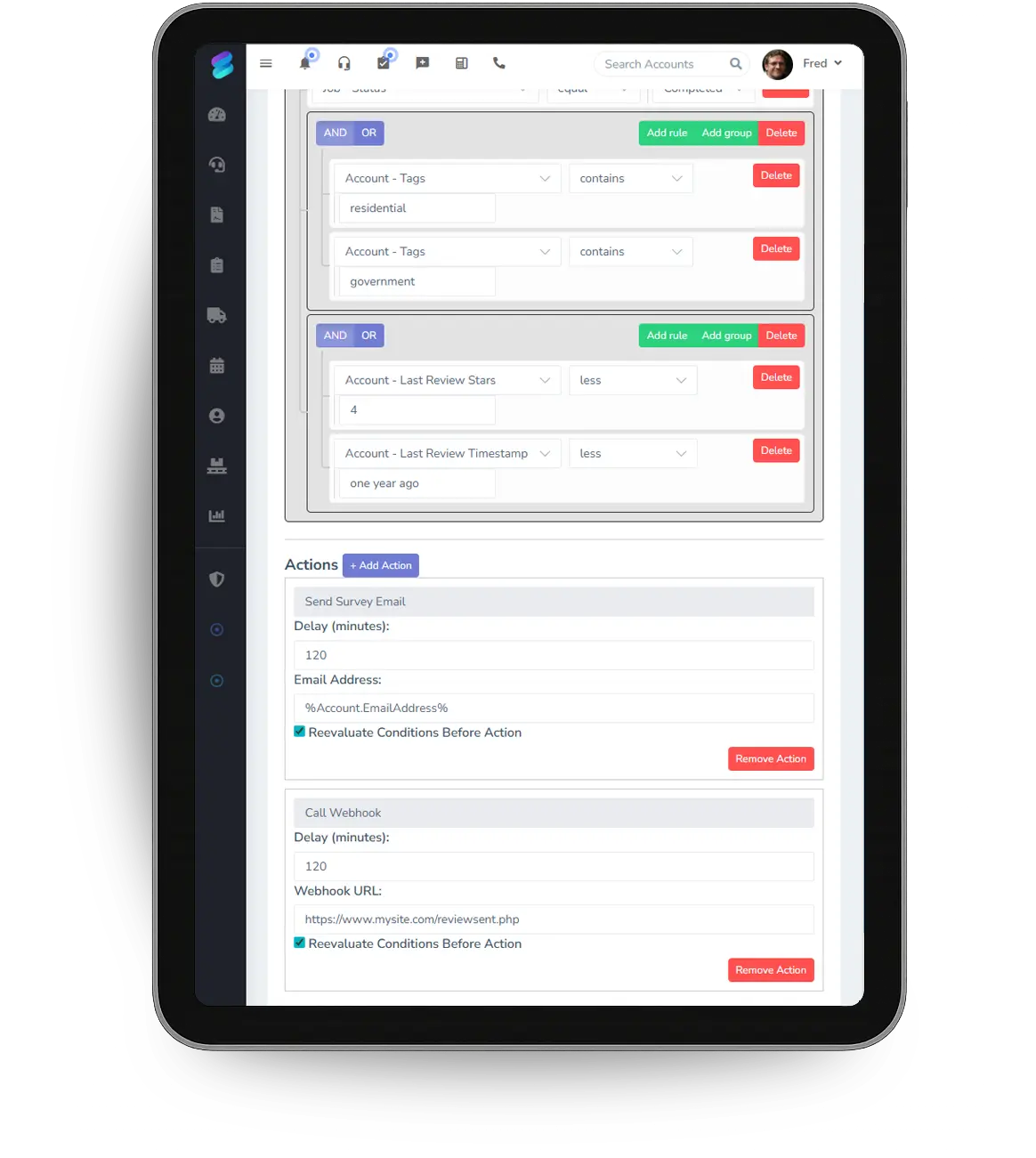 Automation actions that send a survey email and call a webhook