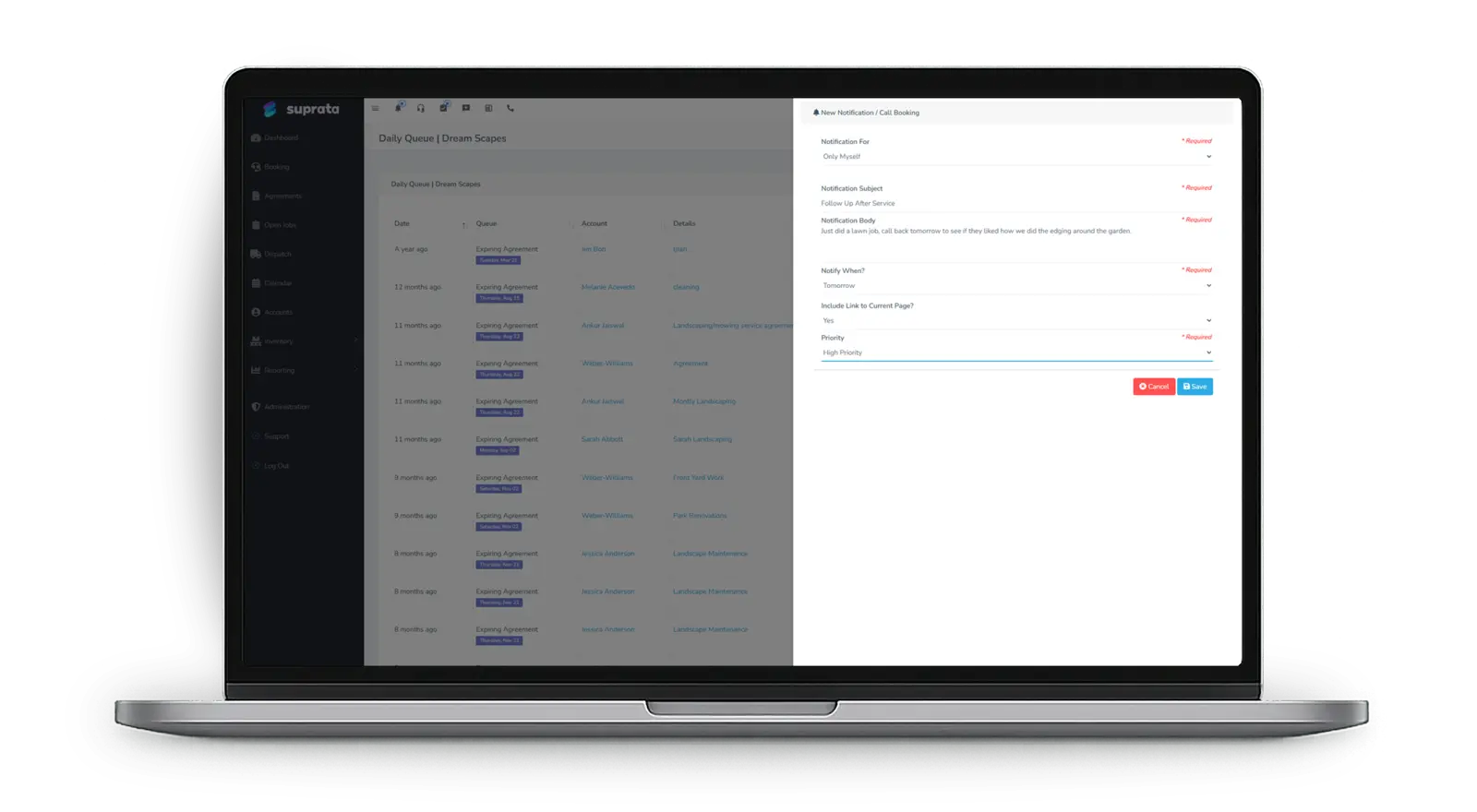 Creating a new call booking notification with subject, body and priority