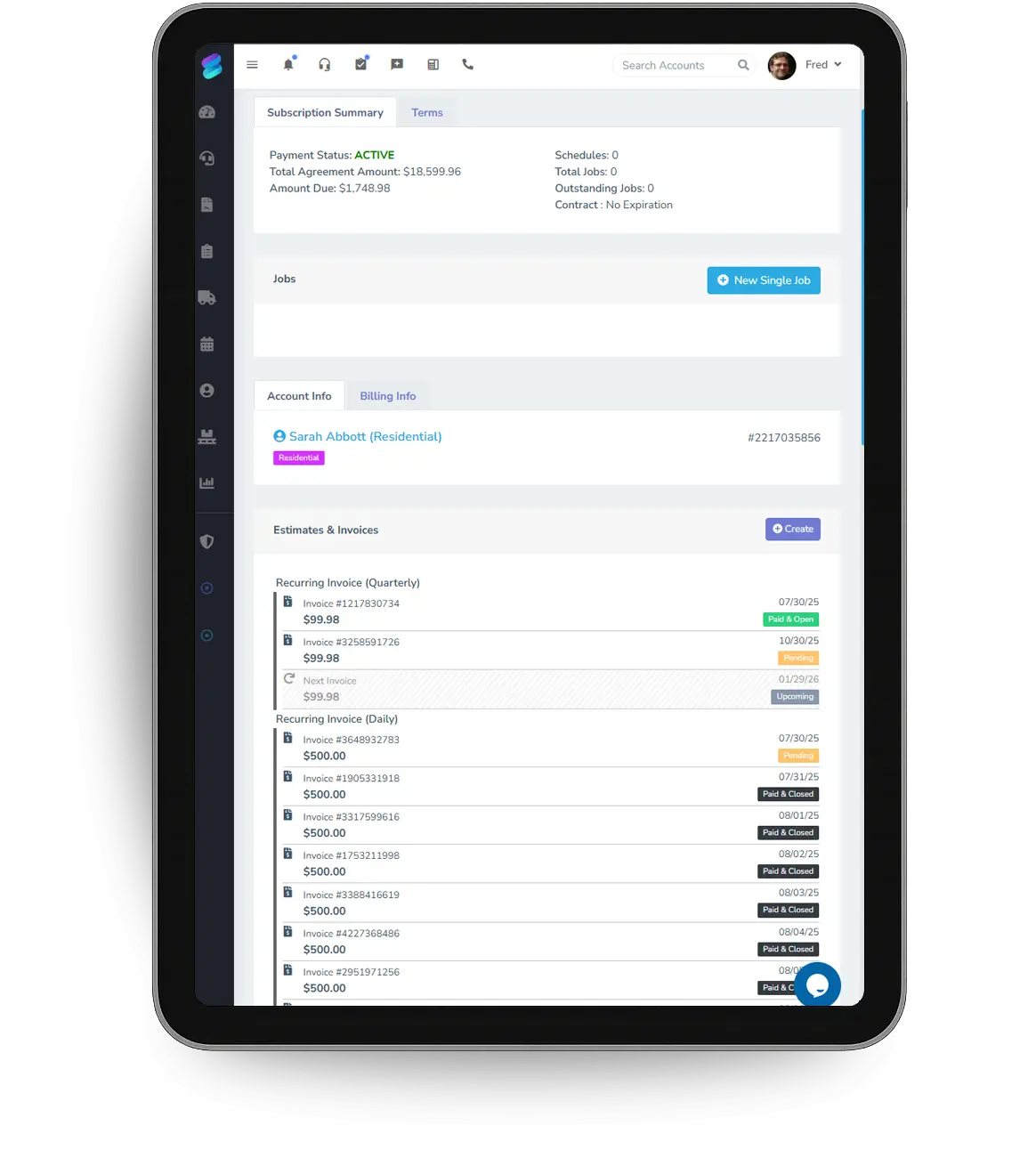 A subscription summary with the agreement amount, amount due and recurring invoices