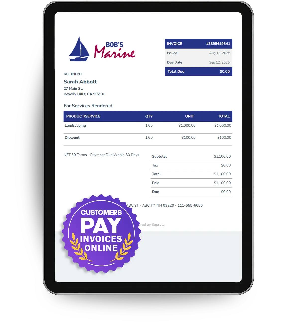 An invoice customers can pay online, shown on a tablet