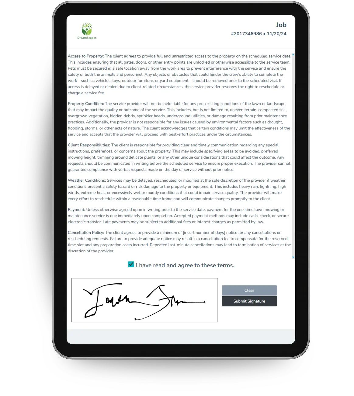 A signed job agreement with the customer's signature