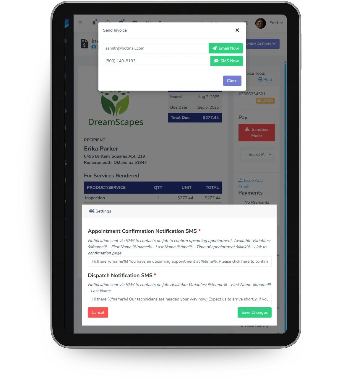 Settings for appointment confirmation texts with merge fields
