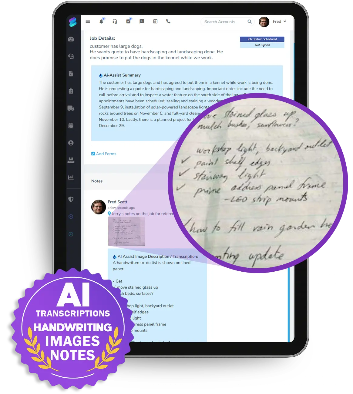 An AI Assist summary of job notes, including a handwritten note