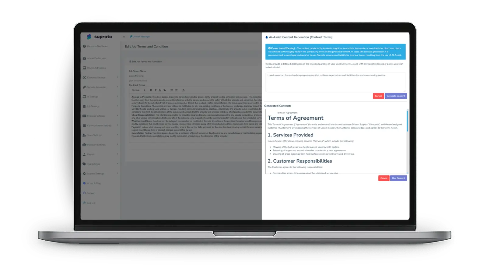 AI-generated contract terms in the contract editor