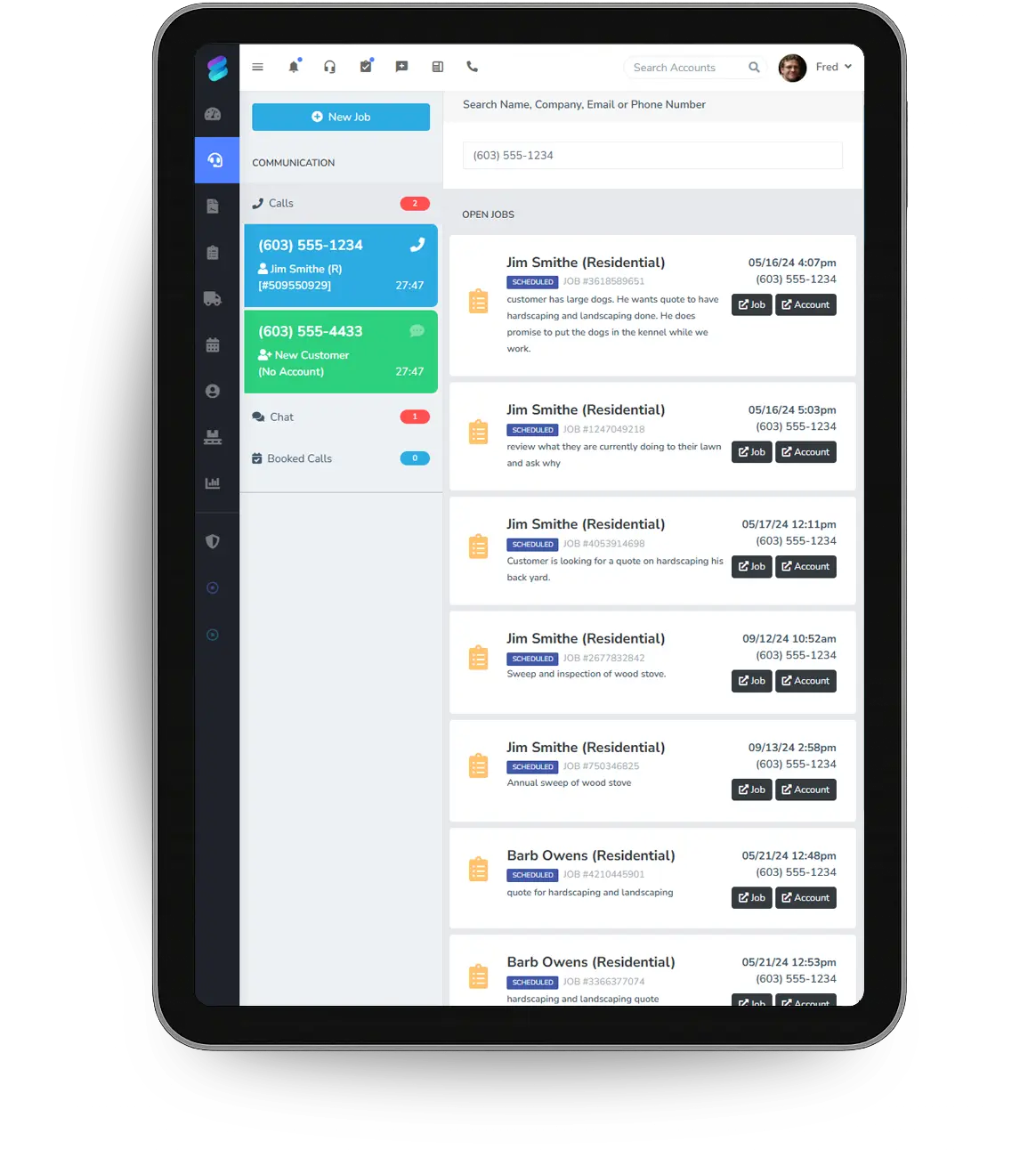 The communication screen with live calls, booked calls and open jobs for the caller