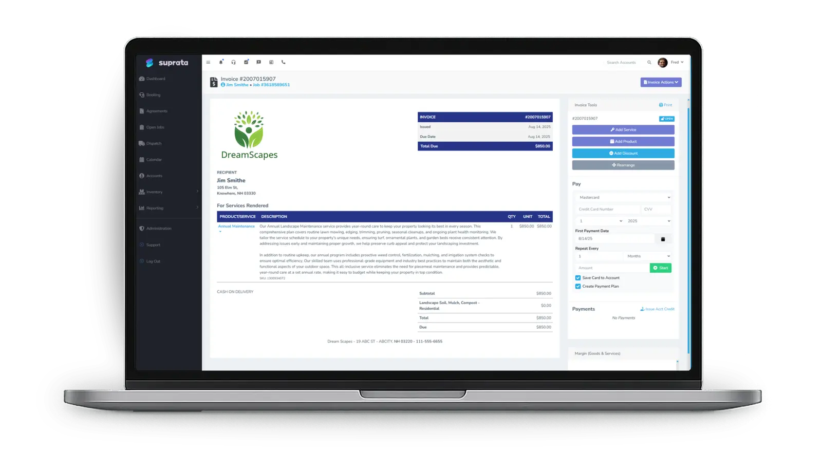 Taking a payment on an invoice, with options to save the card and create a payment plan