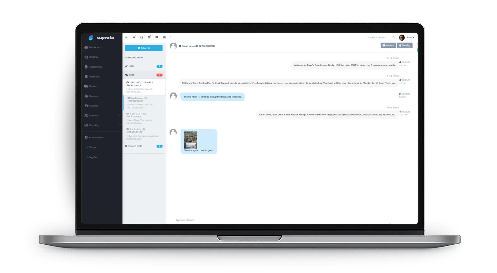 A two-way text conversation with a customer in the Communication screen